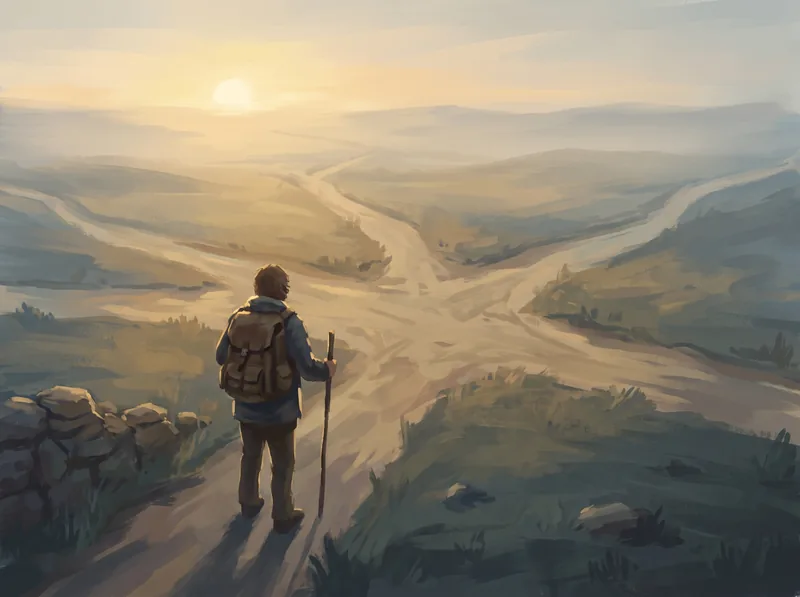 Traveller seen from behind at a crossroads at dawn, six paths fanning out into the landscape. Paths are only suggested, none is brighter or more inviting than the others.