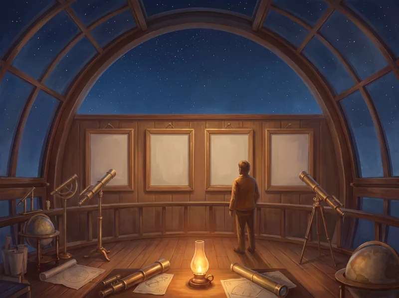 A person is in an observatory. Four pictures hang on the wall and he stares at them. They are all blank.