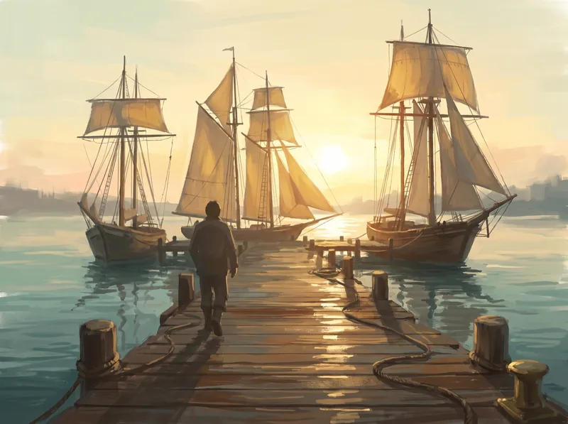 Someone walking along a pier looking at moored ships of different sizes. No ship is in the foreground or better lit.