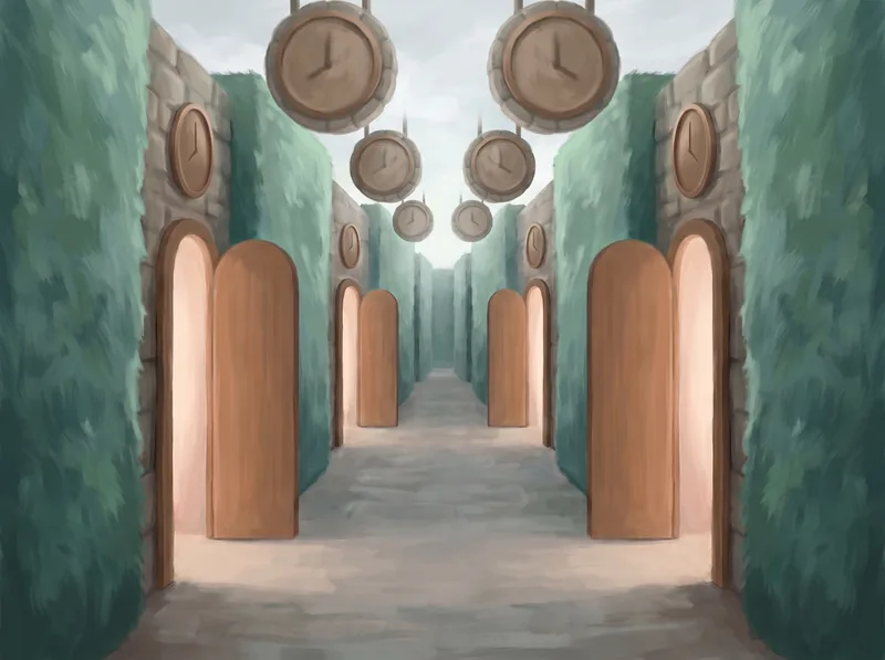 Maze entrance with six different clocks hanging above it. Faces and hands are blurred, no clock stands out.