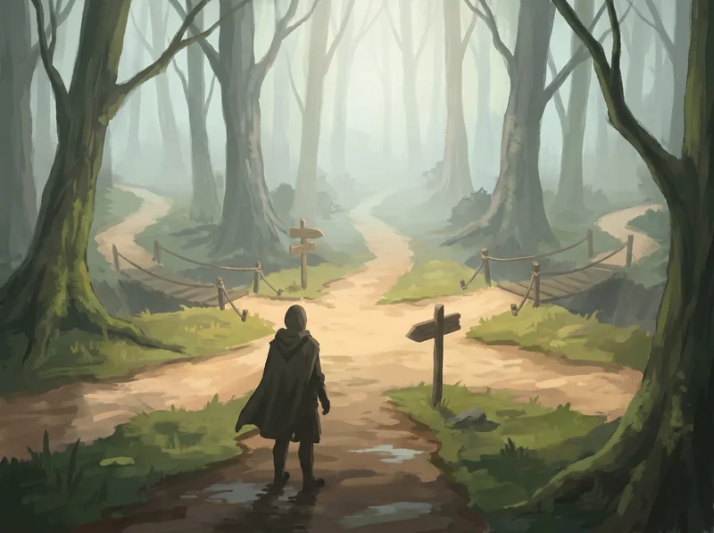 Fog in a forest, four paths spreading out ahead of the traveller. All equally lit, none more inviting.