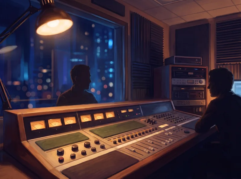 Two silhouettes facing each other in a radio studio, the outcome of the exchange not shown.