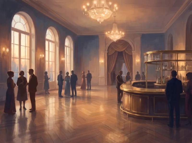 A ballroom at the start of the evening: the dance floor, the wall, the bar and the doorway all visible in one picture. No figure is highlighted.