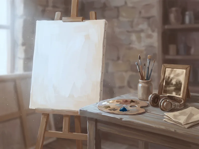 A studio in morning light with a table of objects, a blank canvas, an old photograph and headphones all visible in one picture, none highlighted.