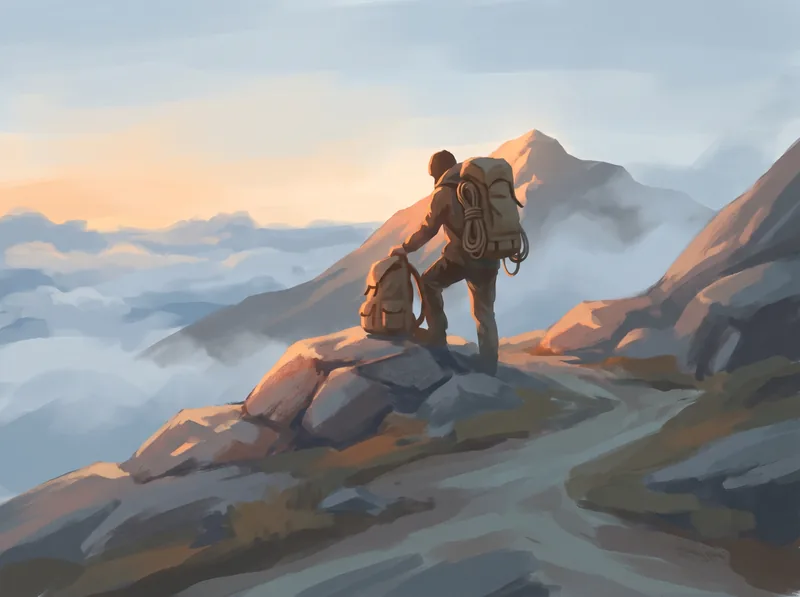 A hiker lifting a backpack before a climb, the size of the load not visible.