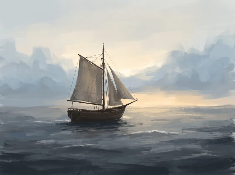 A small ship on open water at dawn, the surface between calm and moving, hard to read as one state.