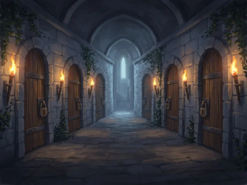 A castle wall at dusk with six different doors along it, all equally lit, none inviting.