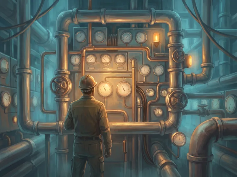 An engineer is looking at a lot of pipes.