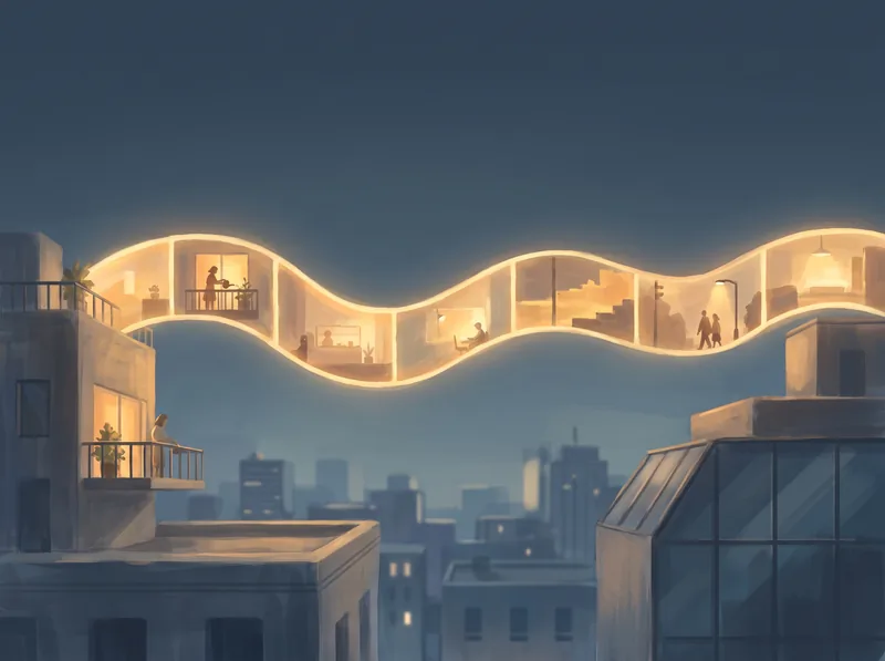 A week drawn as a long timeline across a city skyline, no single day highlighted.