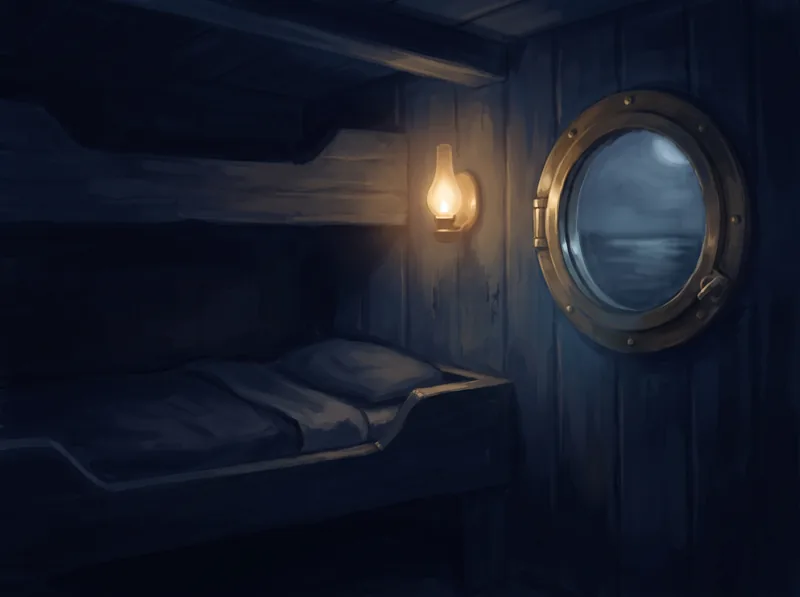 A porthole at night with the cabin dark inside, nothing readable beyond the glass.