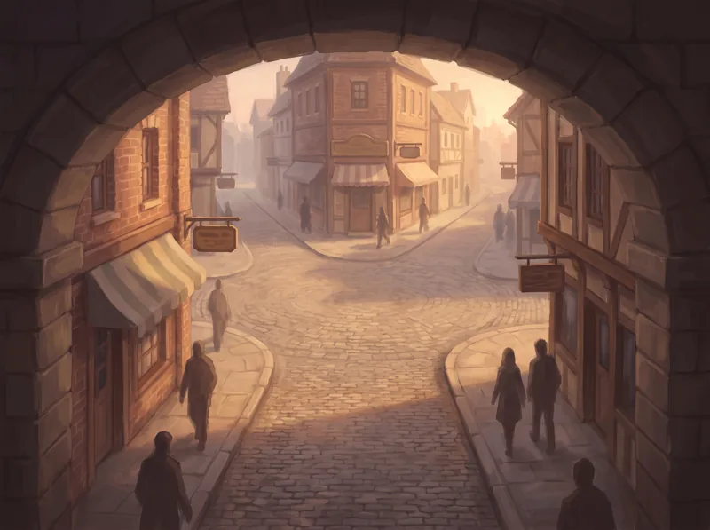 A city gate at dawn with six streets leading away, all equally lit, signs unreadable.