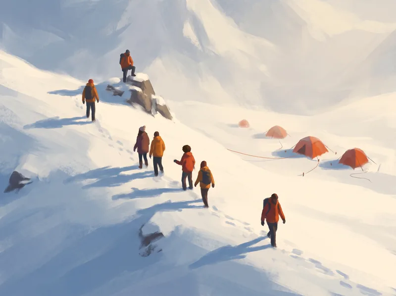 A climbing column on a snowy slope with six clearly different positions in one picture: front, back, middle, to the side, behind the leader, on a rock above. No figure is highlighted.