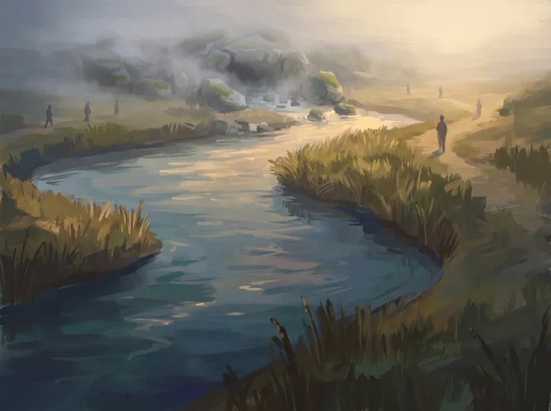 A river source seen from above, the water emerging from a place that is not clearly visible.
